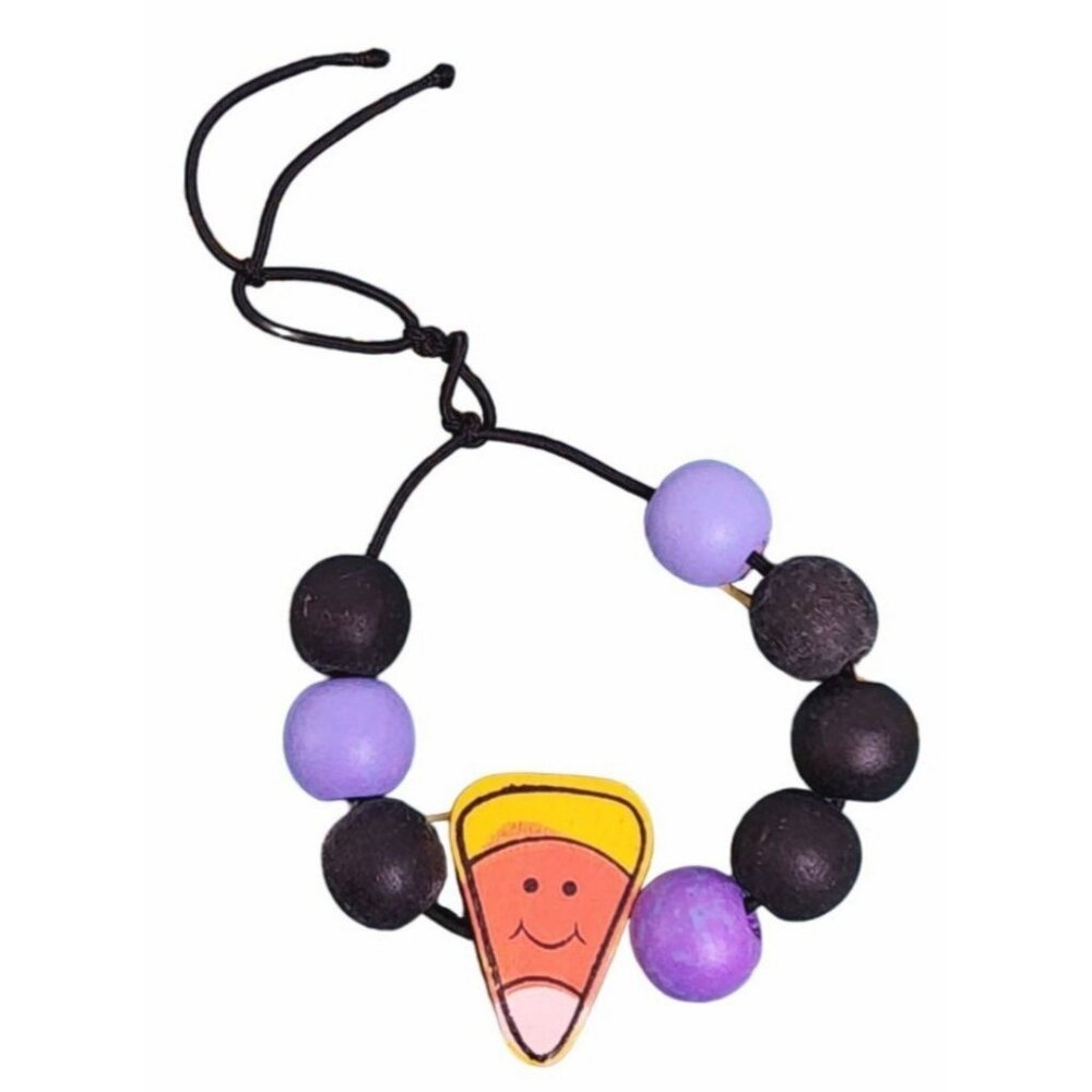 Halloween Wooden Bead Candy Corn Stretch Bracelet Jewelry Holiday Black Purple